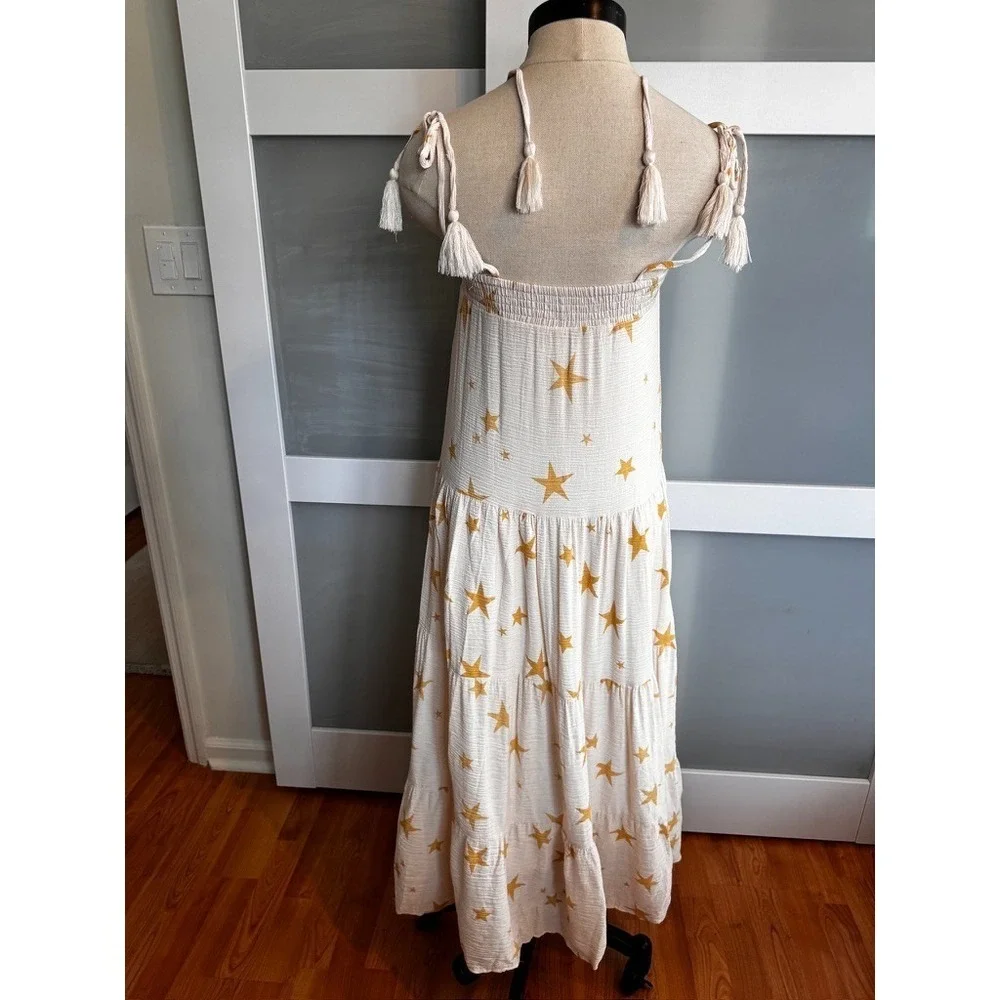 Storia Gold Star Midi Sun Dress Cream Tie Shoulder Smocked Tiered XS Guaze